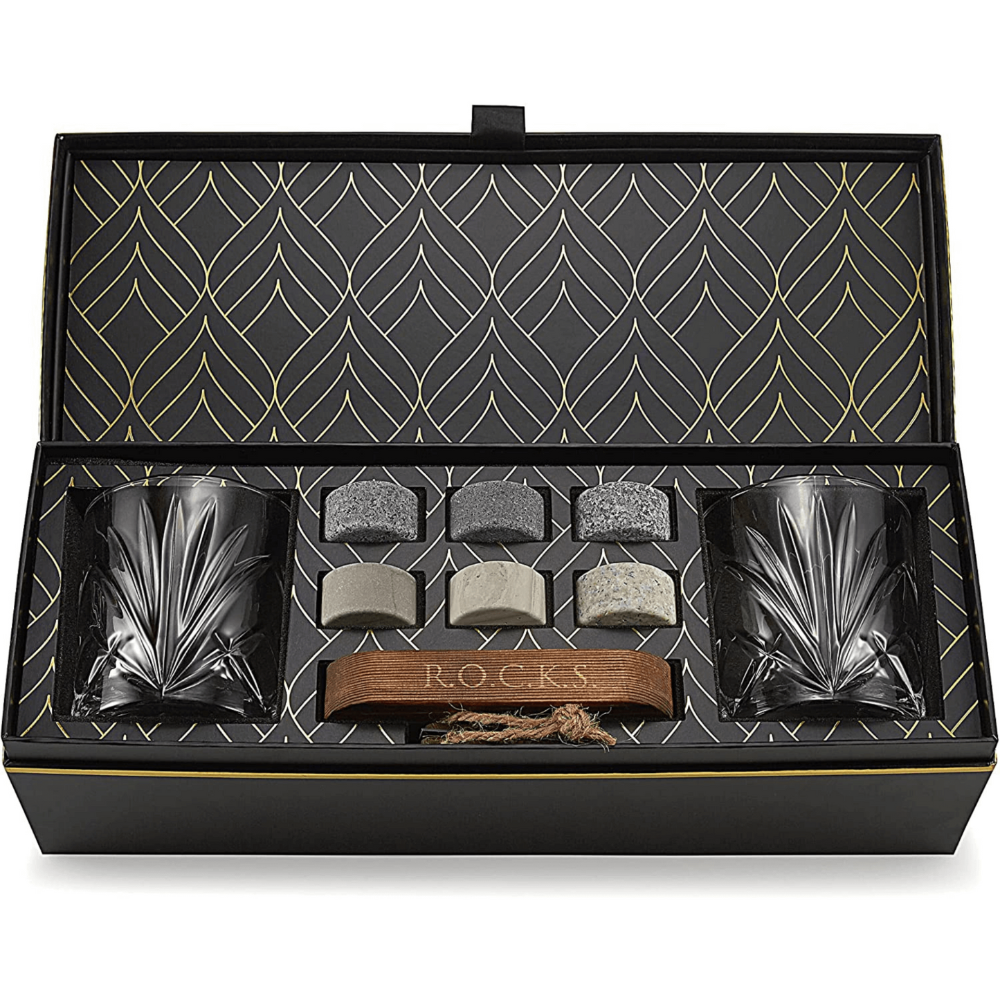 Whiskey Chilling Stones Gift Set w/2 Palm Crystal Glasses