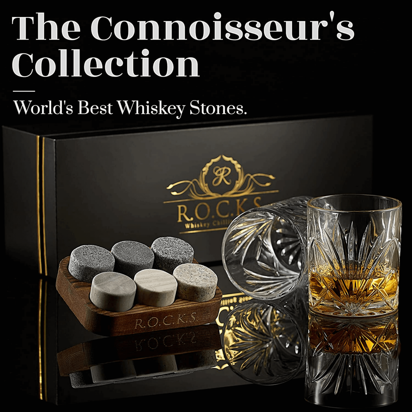 Whiskey Chilling Stones Gift Set w/2 Palm Crystal Glasses