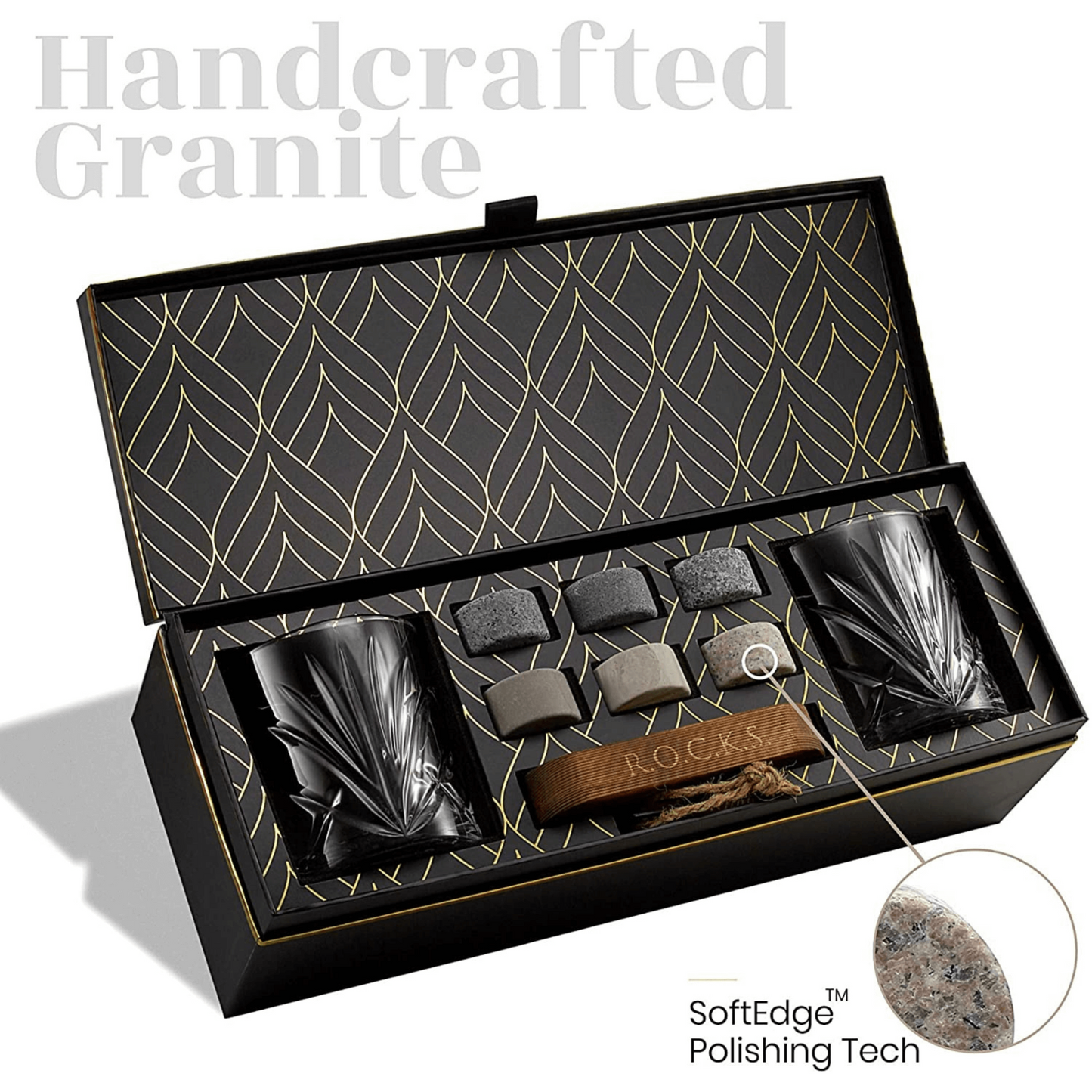 Whiskey Chilling Stones Gift Set w/2 Palm Crystal Glasses