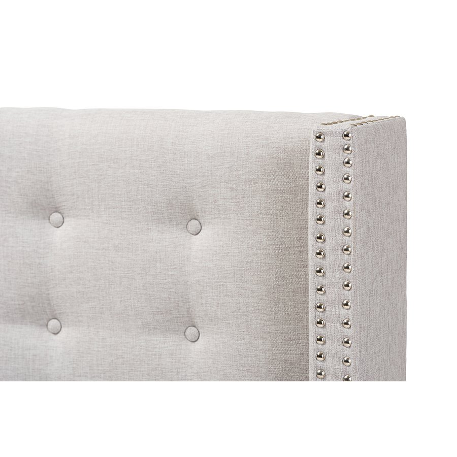 Greyish Beige Fabric Button-Tufted Nail head Queen Size Winged Headboard