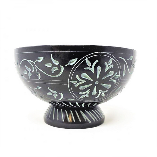 Floral hand carved Black Soap Stone Bowl