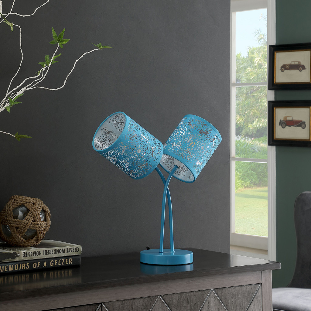 Blue Laser Cut Floral Metal Two Light Table Lamp