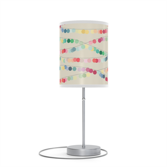 Silver Table Lamp w/Off White and Festive Multi Color Cylinder Shade