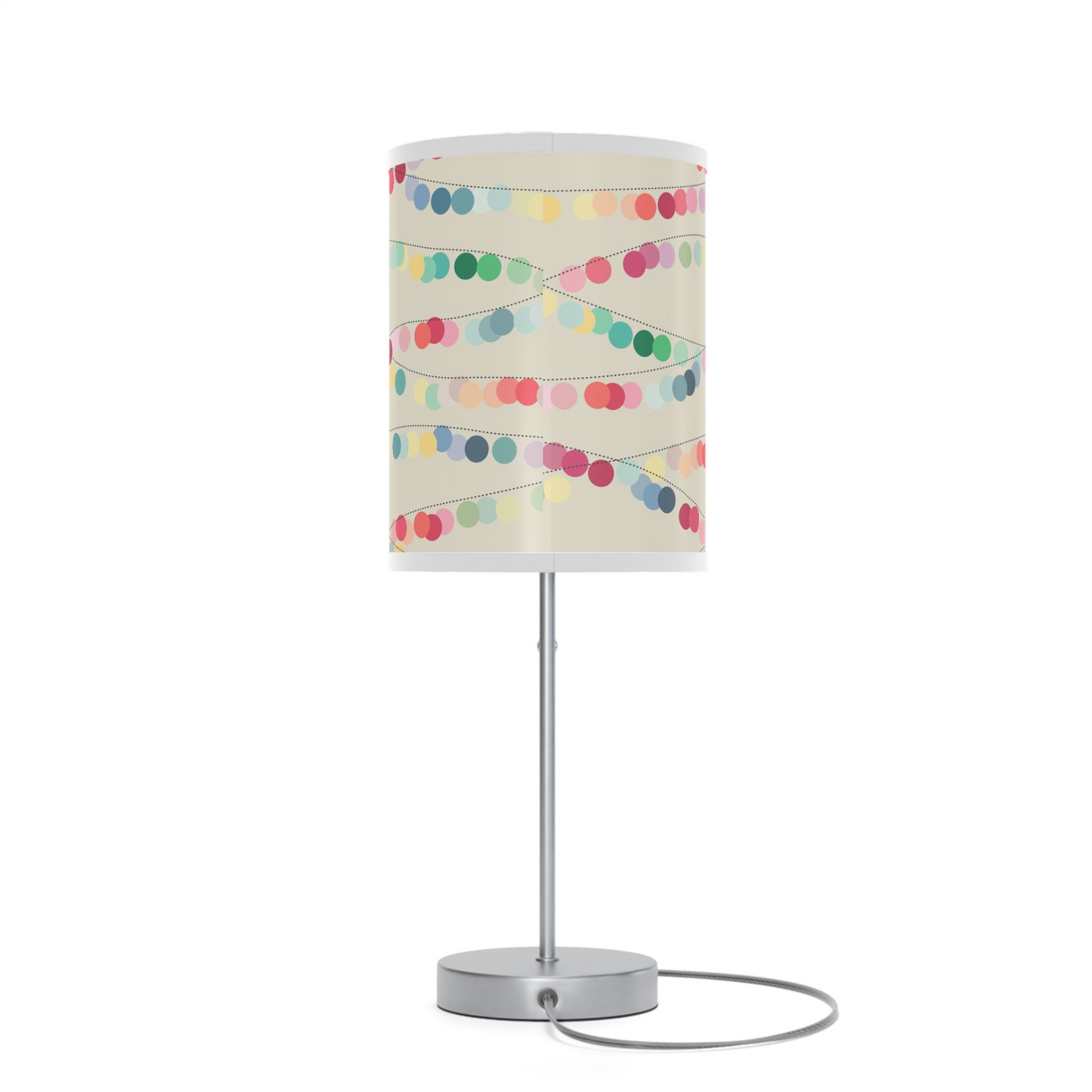 Silver Table Lamp w/Off White and Festive Multi Color Cylinder Shade