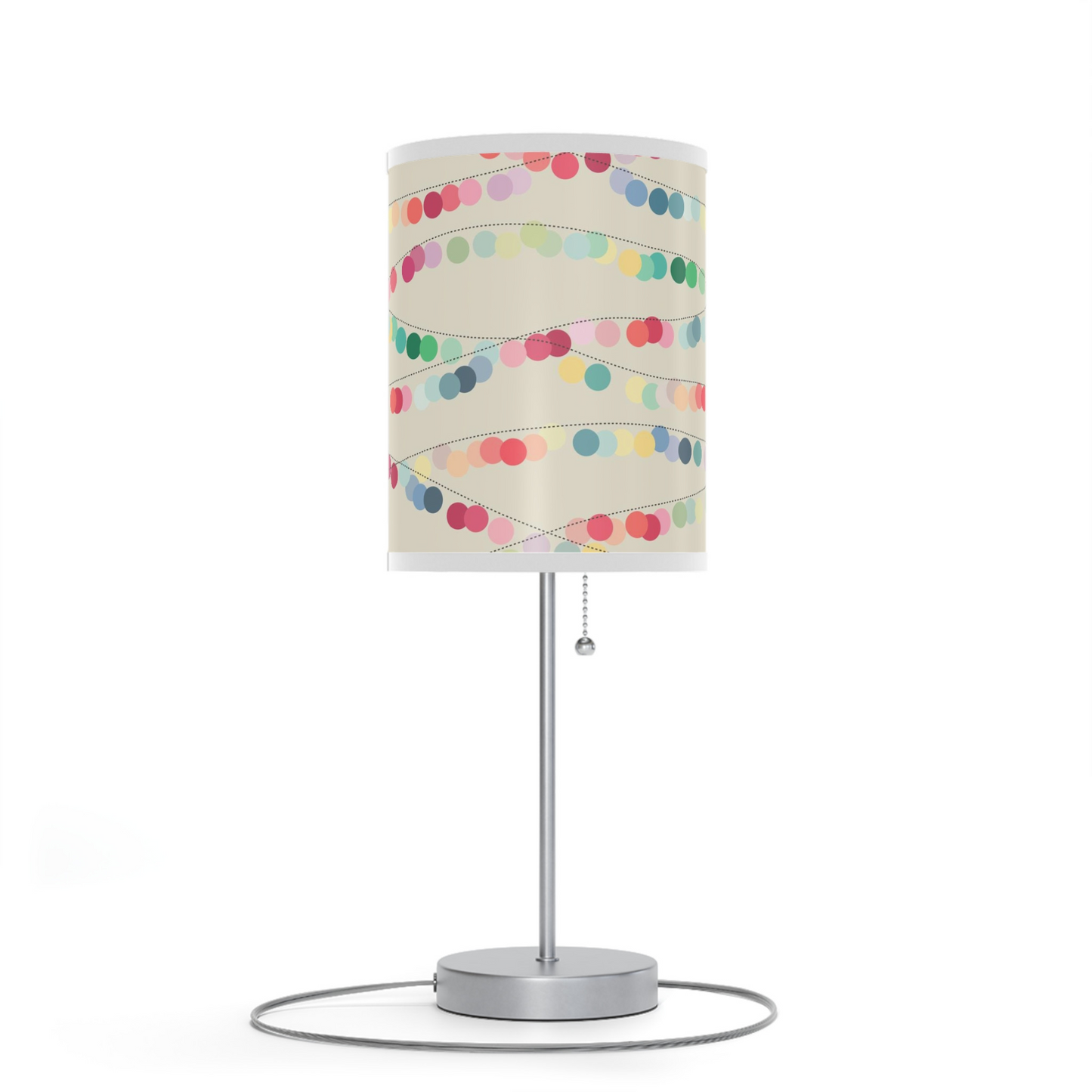 Silver Table Lamp w/Off White and Festive Multi Color Cylinder Shade