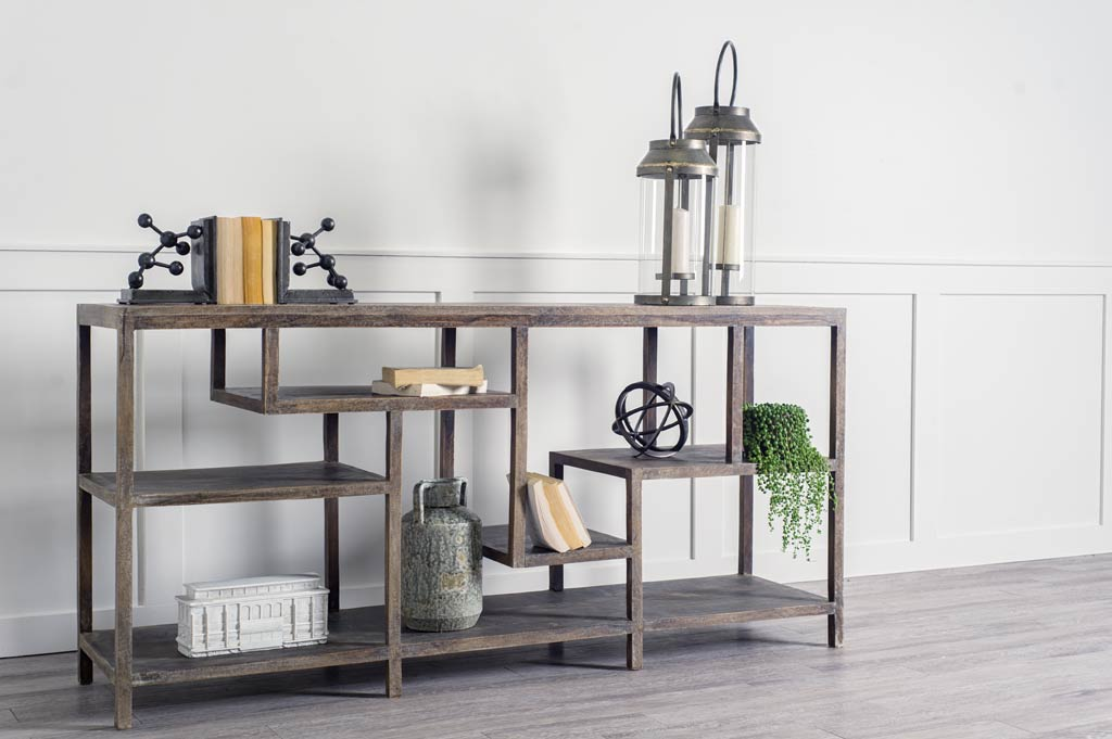 Solid Mango Wood Finish Console Table w/Multi Level Shelf