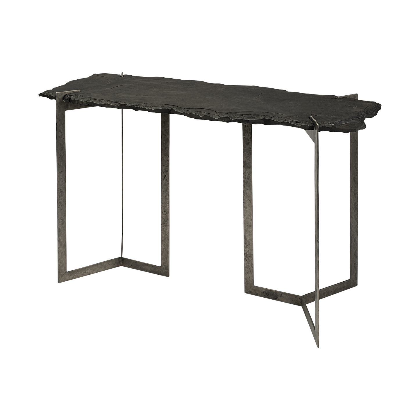 Rectangular Black Live Edge Slate Console Table w/Double Pedestal Base