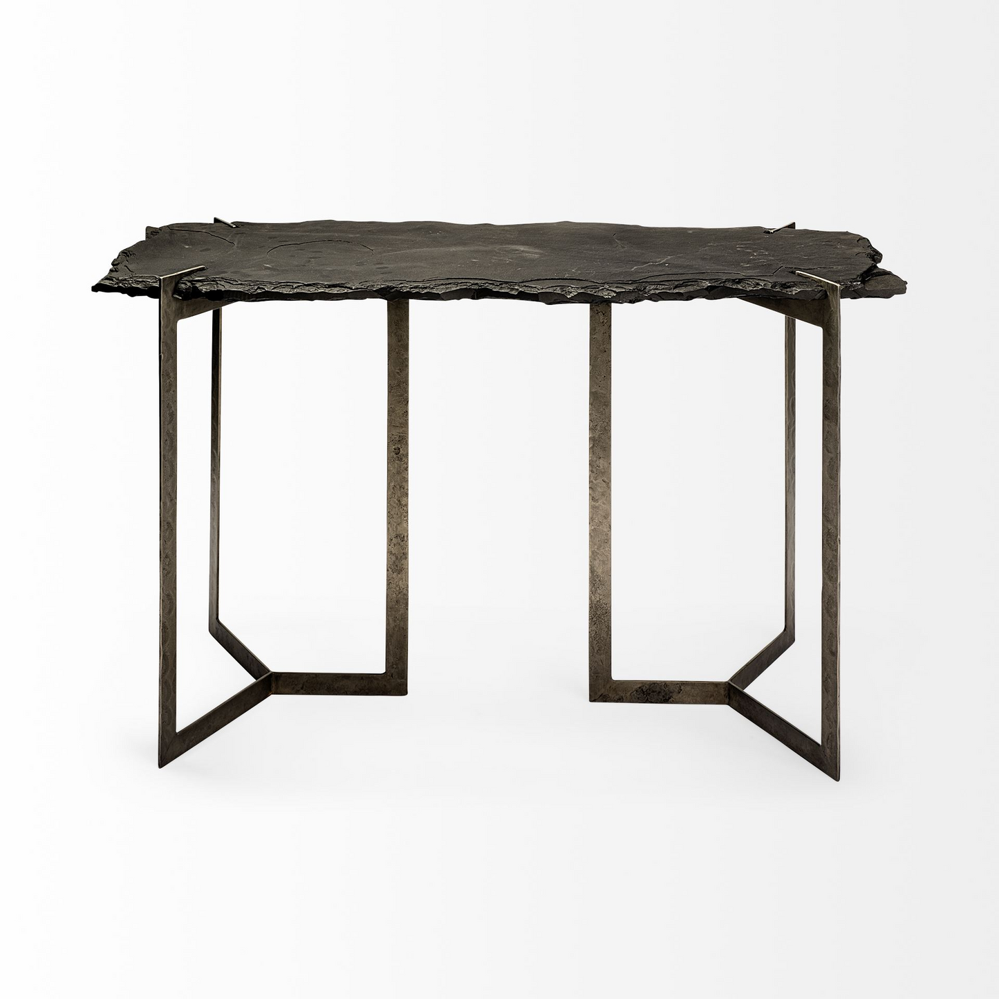 Rectangular Black Live Edge Slate Console Table w/Double Pedestal Base