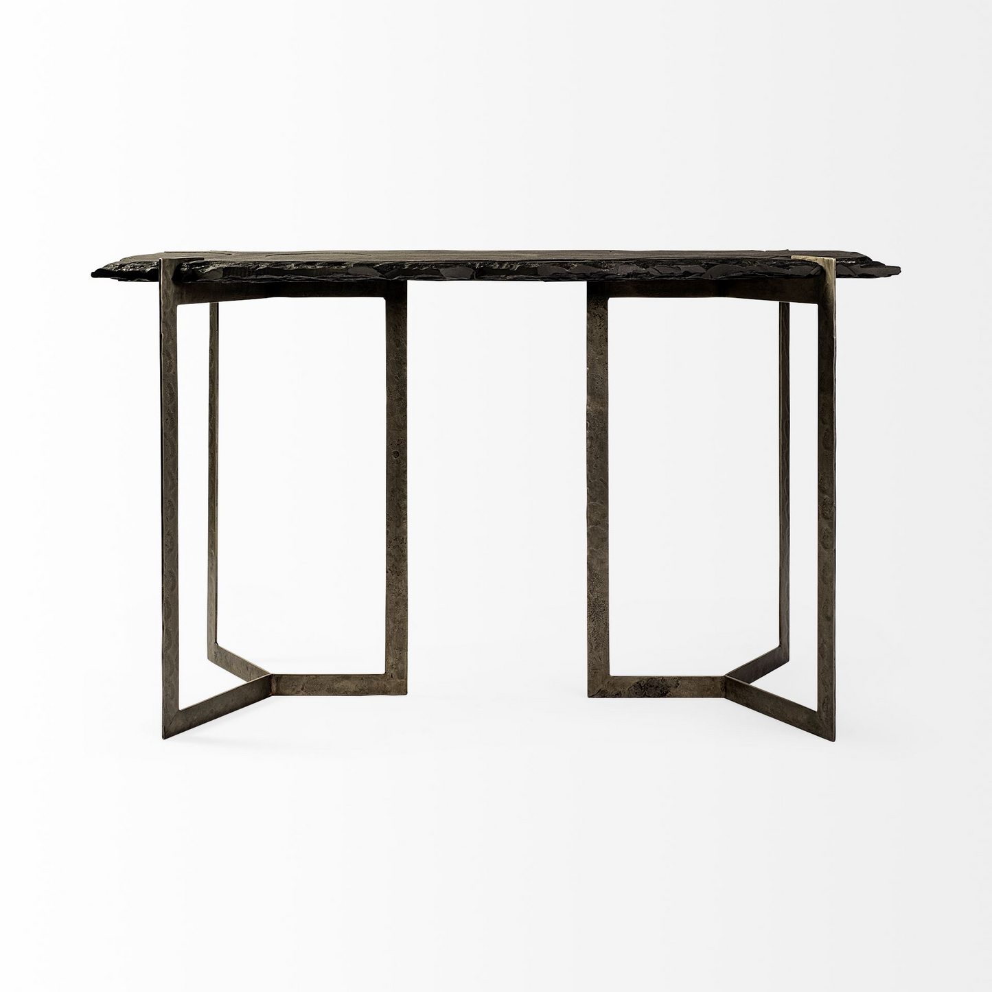 Rectangular Black Live Edge Slate Console Table w/Double Pedestal Base