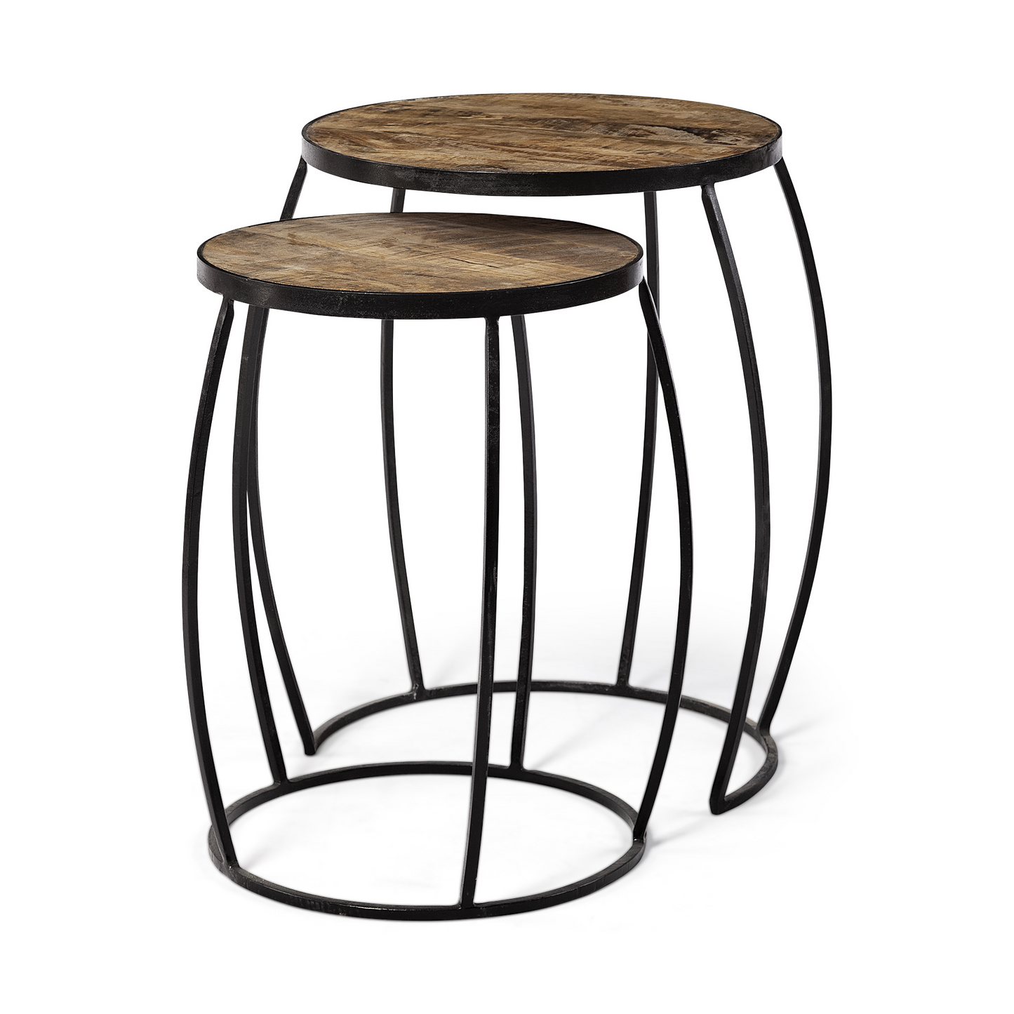 Round Wooden Top Accent Tables w/Black Metal Frame Nesting Tables (Set of 2)