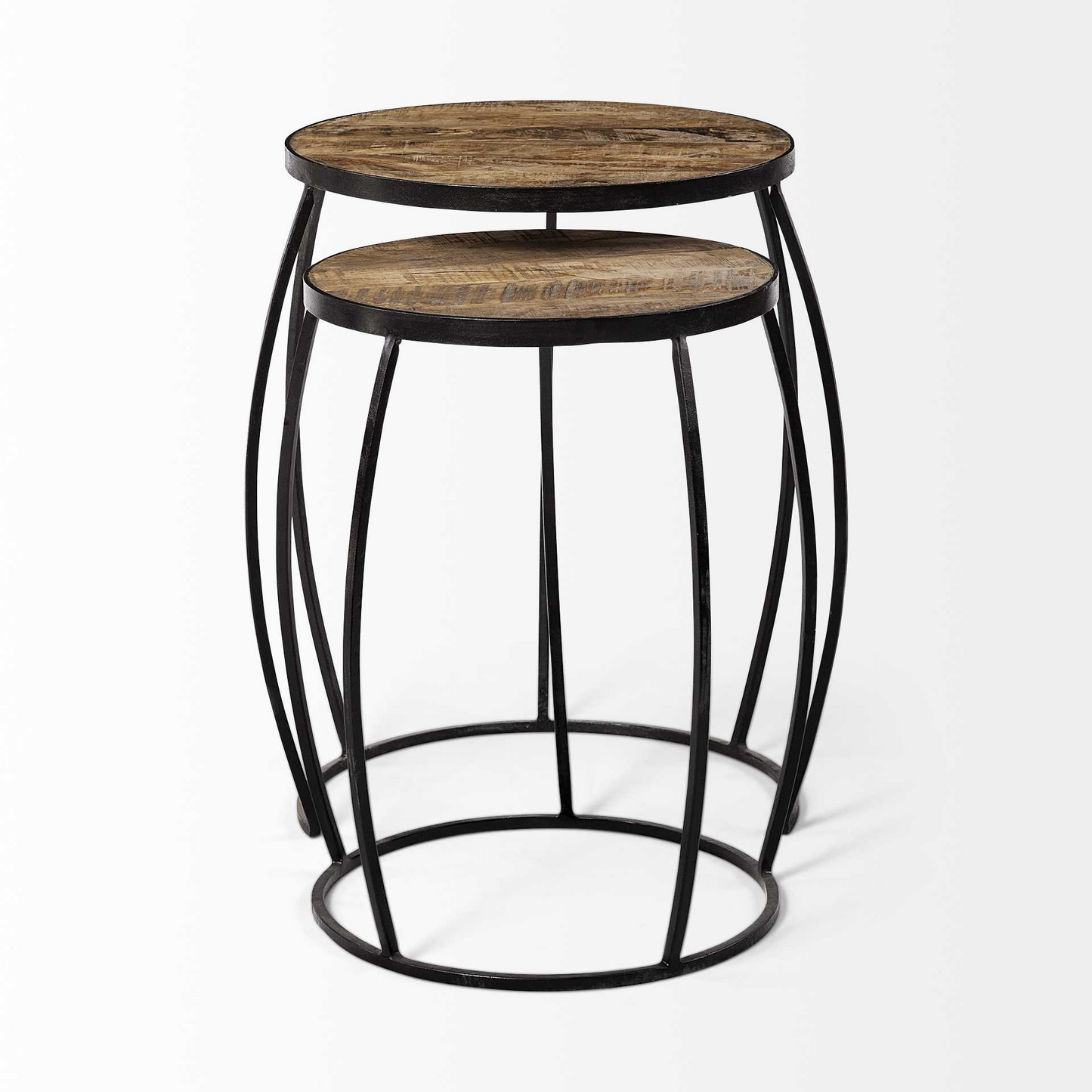 Round Wooden Top Accent Tables w/Black Metal Frame Nesting Tables (Set of 2)