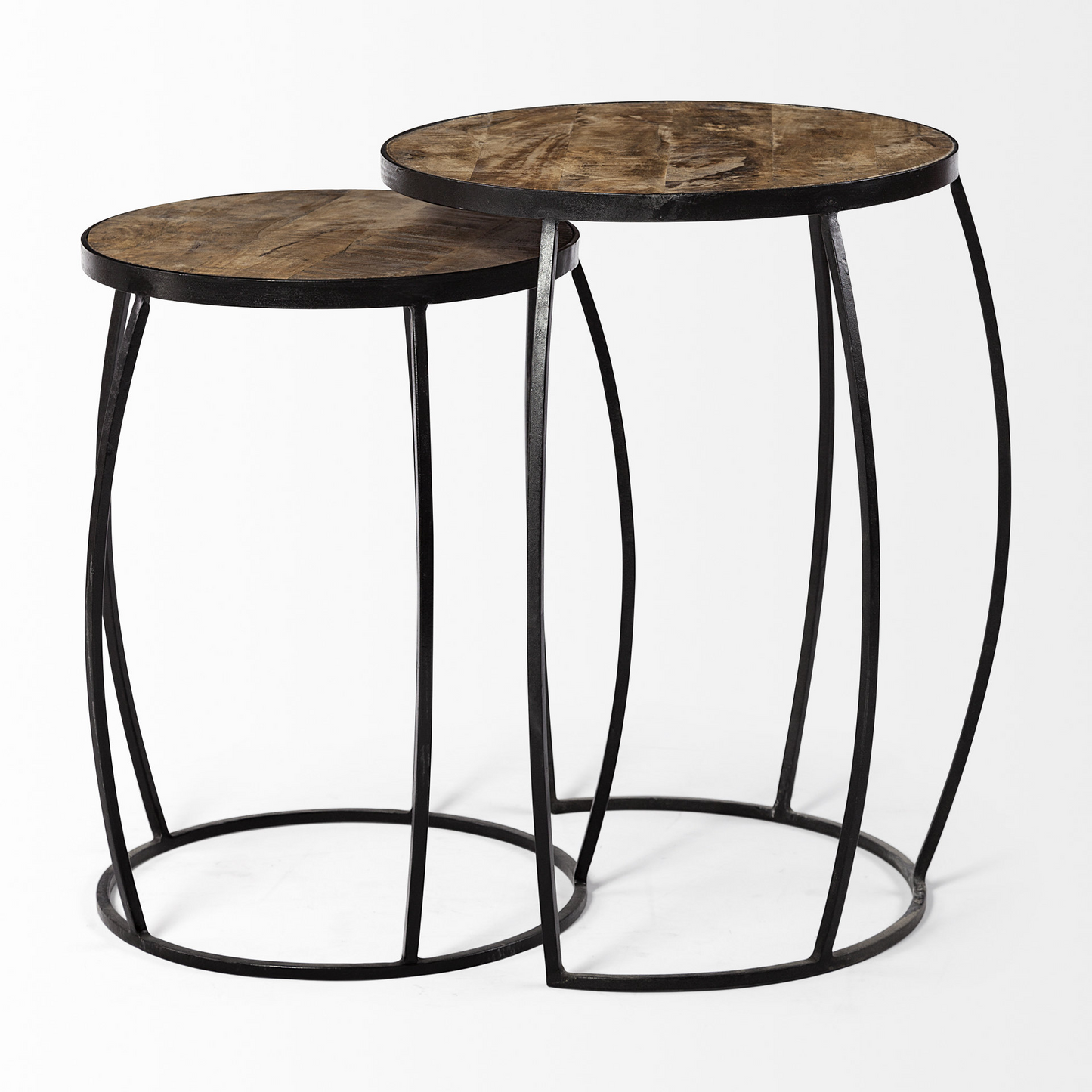 Round Wooden Top Accent Tables w/Black Metal Frame Nesting Tables (Set of 2)