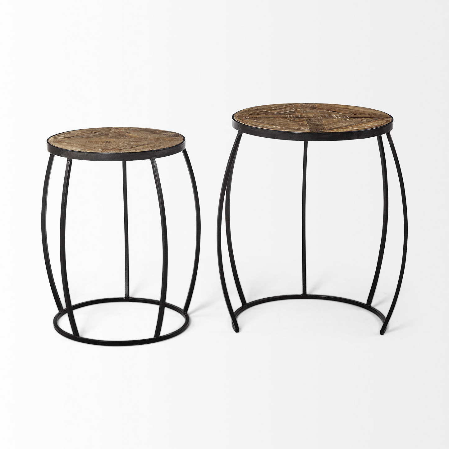 Round Wooden Top Accent Tables w/Black Metal Frame Nesting Tables (Set of 2)