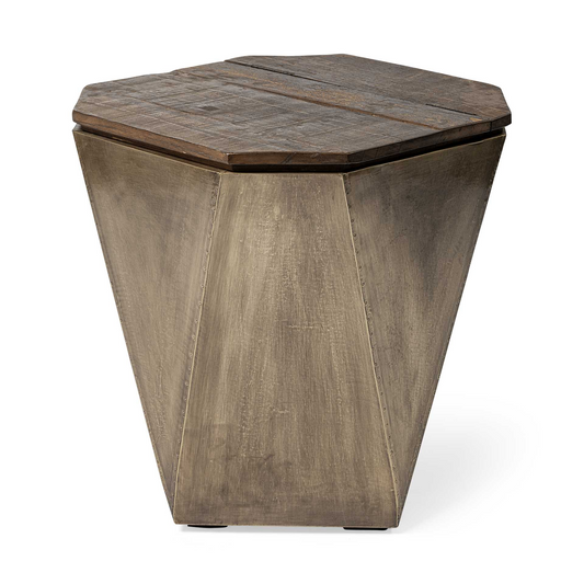 Brass and Natural Wood Side Table w/Hexagonal Hinged-Top