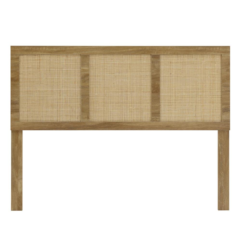 Oak Finish Manufactured Wood with Natural Rattan Panels Headboard, Queen