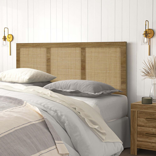 Oak Finish Manufactured Wood with Natural Rattan Panels Headboard, Queen