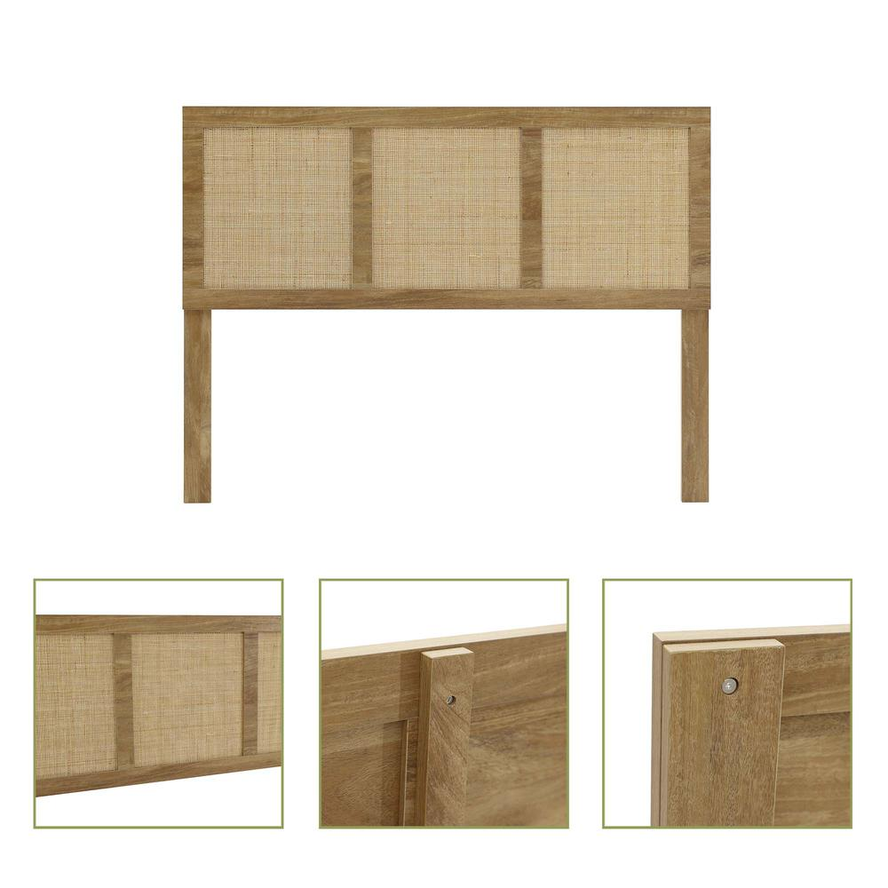 Oak Finish Manufactured Wood with Natural Rattan Panels Headboard, Queen