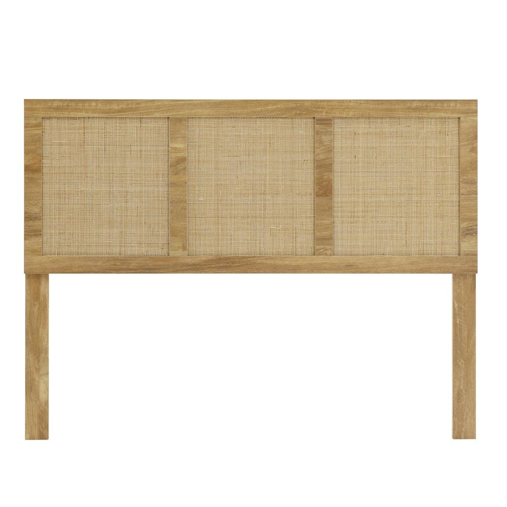 Oak Finish Manufactured Wood with Natural Rattan Panels Headboard, Queen