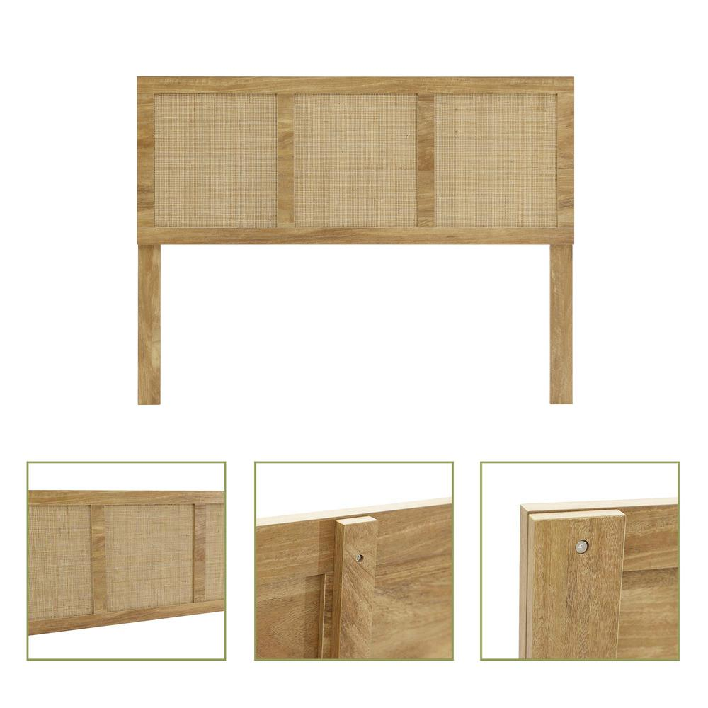 Oak Finish Manufactured Wood with Natural Rattan Panels Headboard, Queen