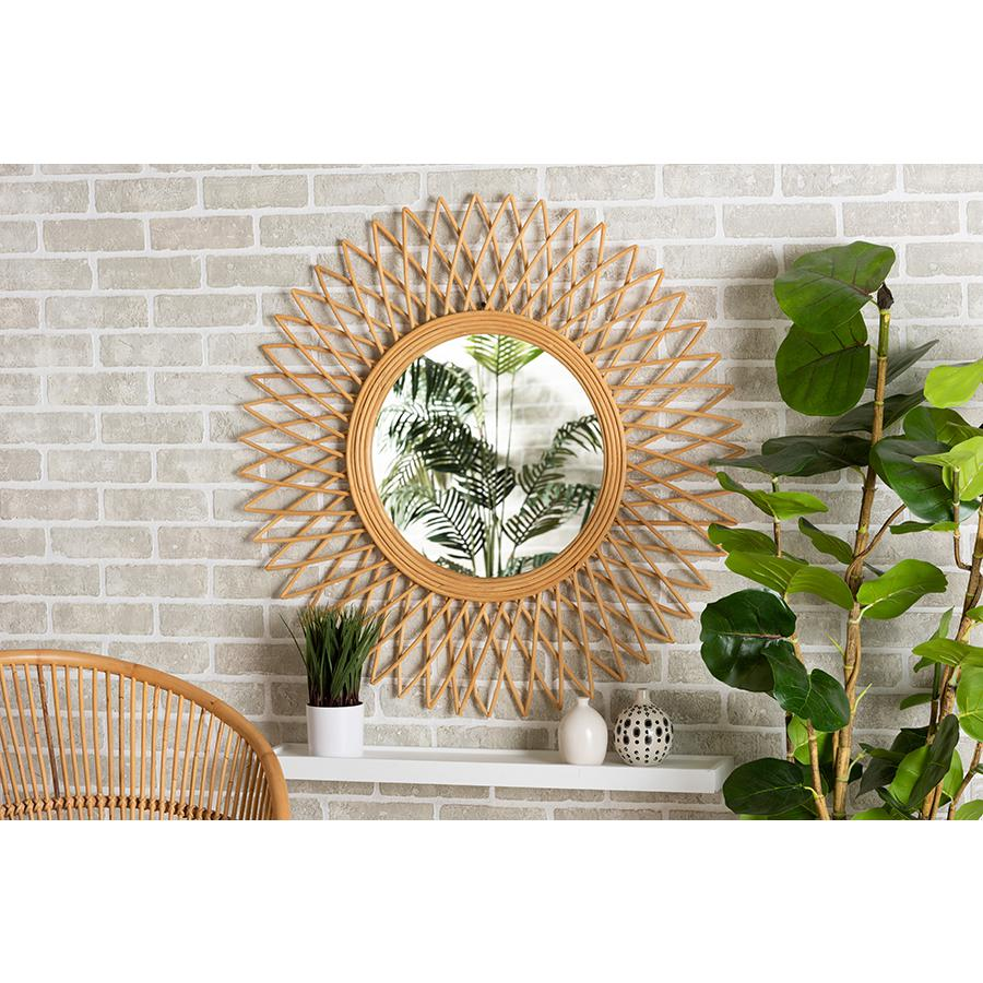 Vera Modern Bohemian Natural Brown Rattan Accent Wall Mirror