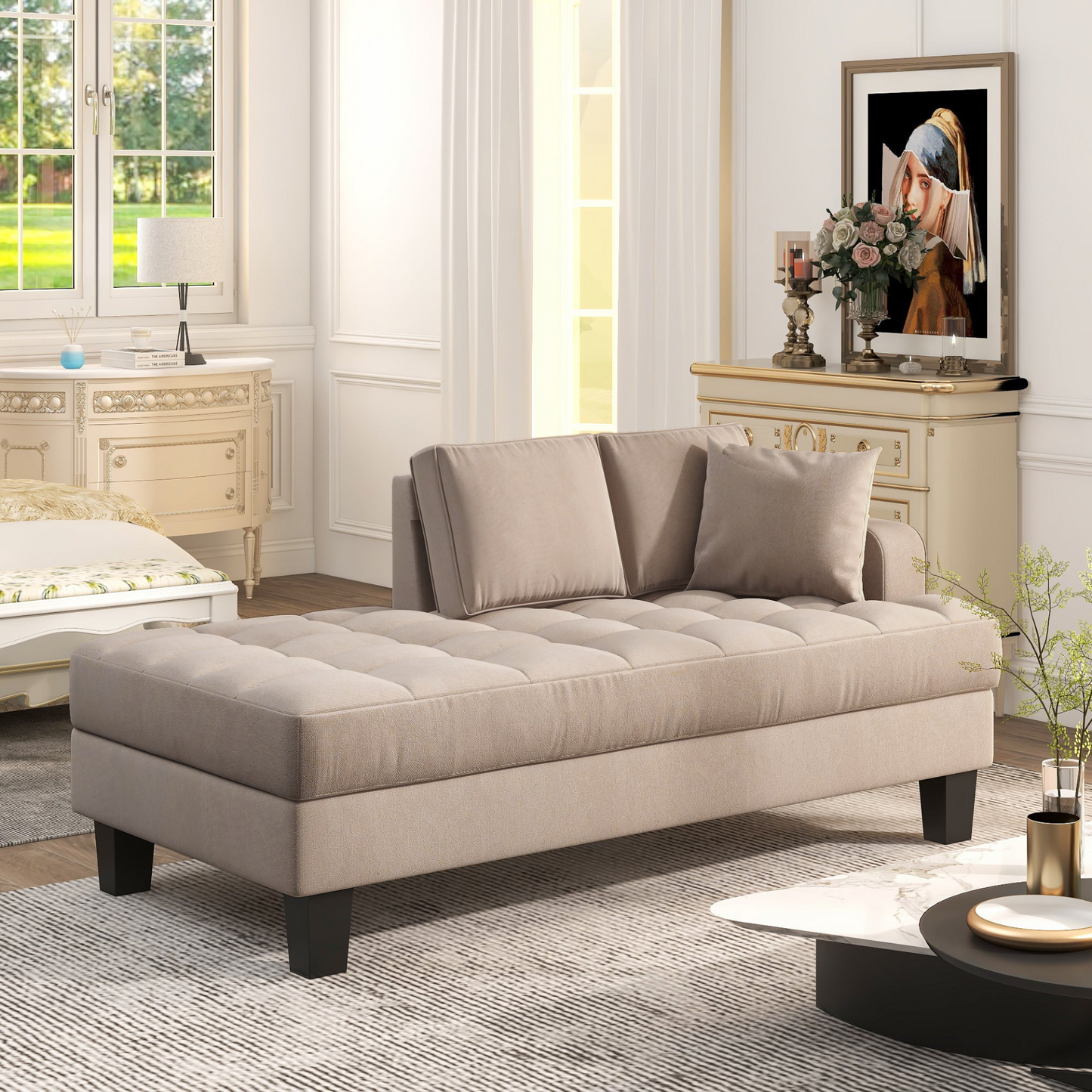 Tufted Upholstered Textured Fabric Chaise Lounge, Toss Pillow Included