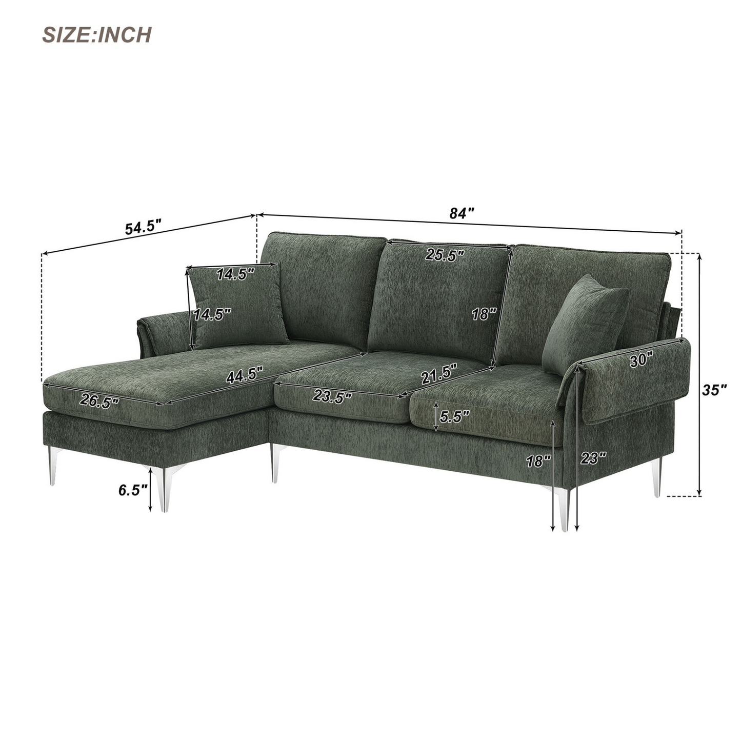 Sectional Sofa, Modern Chenille L-Shaped Sofa Couch w/Reversible Chaise Lounge (2 Pillows)