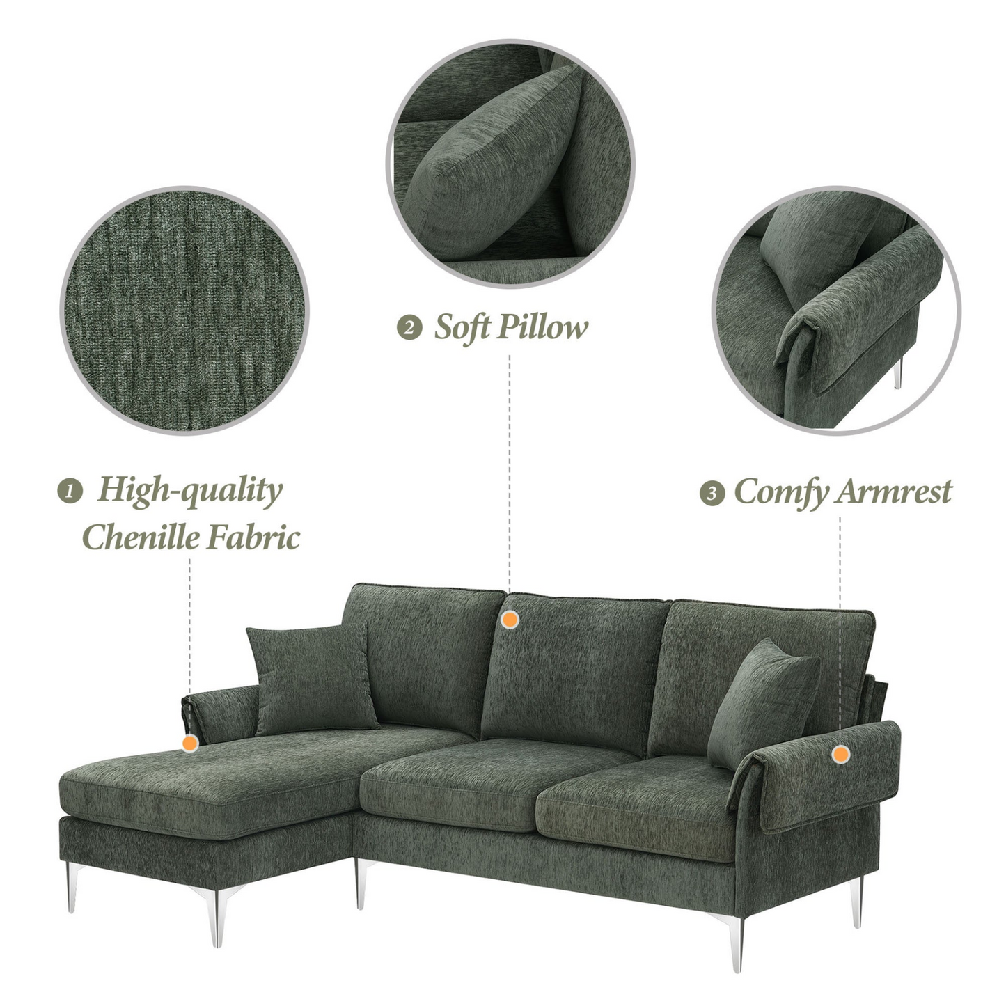 Sectional Sofa, Modern Chenille L-Shaped Sofa Couch w/Reversible Chaise Lounge (2 Pillows)