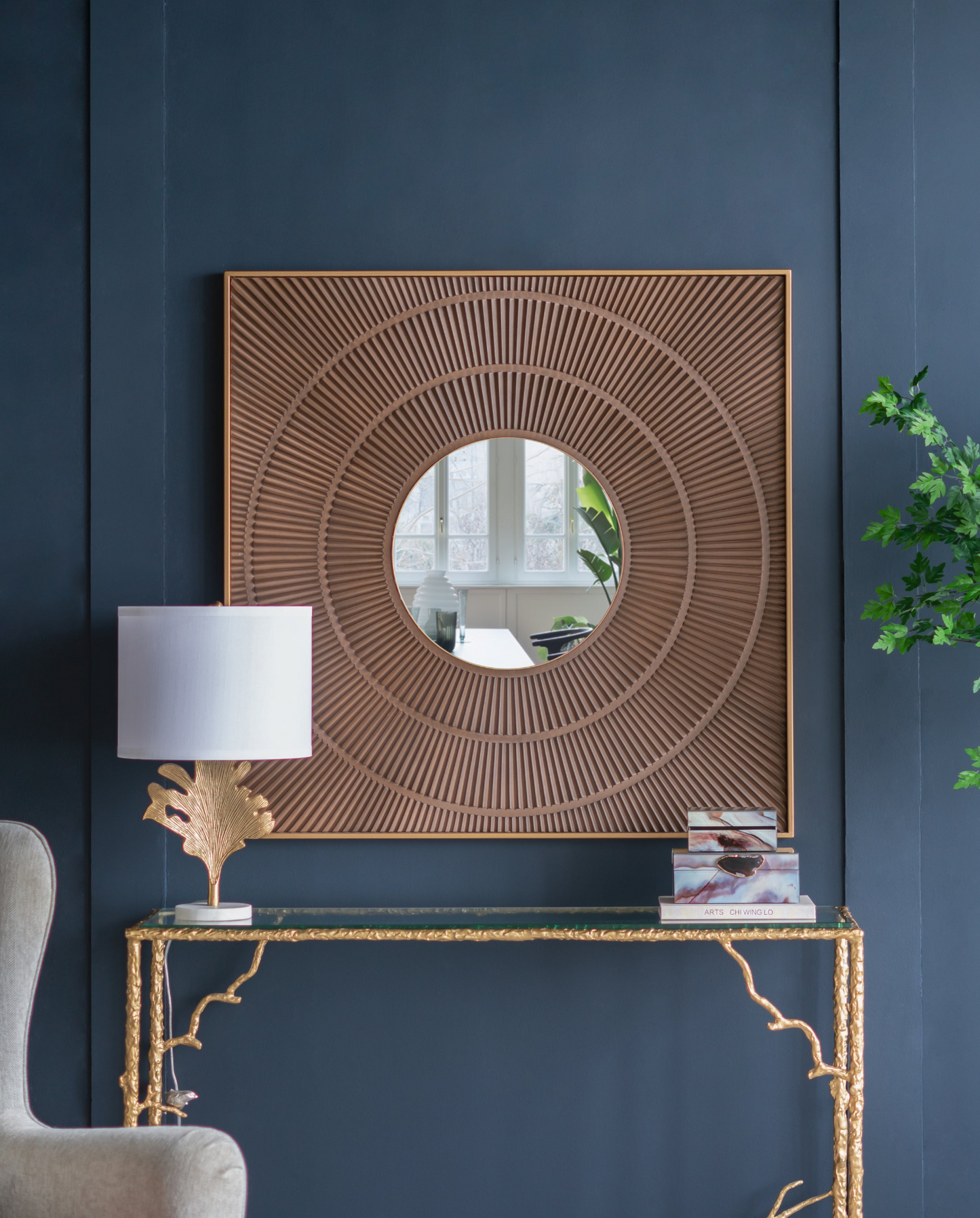 Square Carved Wall Mirror w/Pleated Design w/Gold Iron Frame, Neutral Colorway