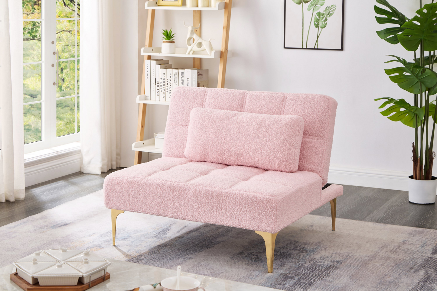 Convertible Single Futon Chair w/Gold Metal Legs, Teddy Fabric (Pink)