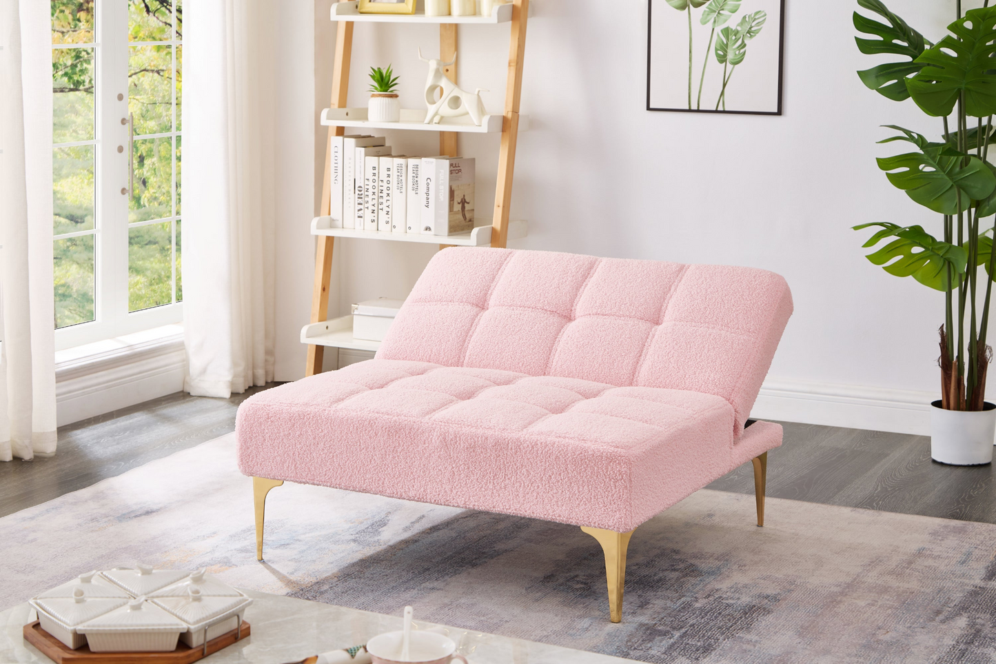 Convertible Single Futon Chair w/Gold Metal Legs, Teddy Fabric (Pink)