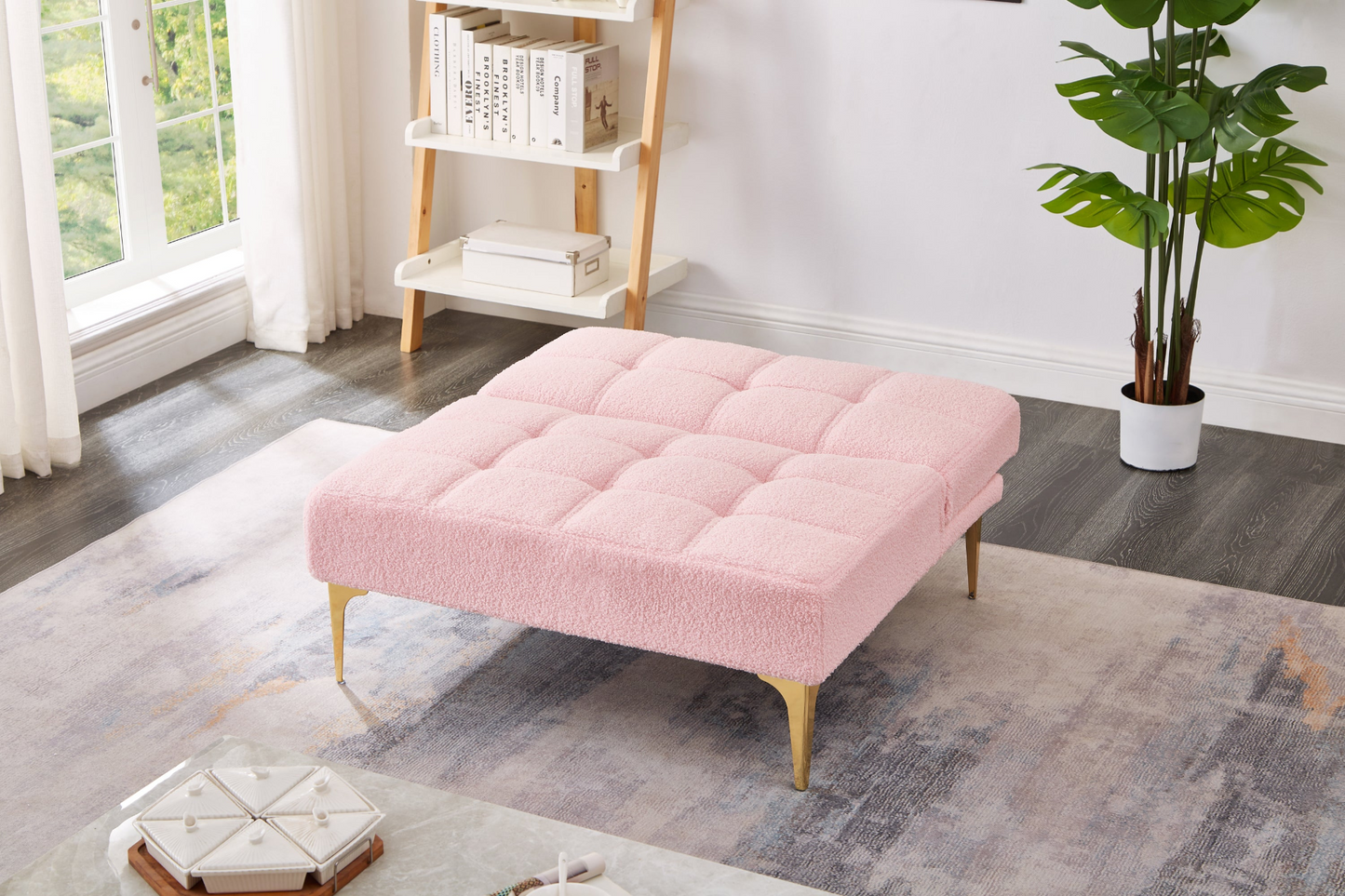 Convertible Single Futon Chair w/Gold Metal Legs, Teddy Fabric (Pink)