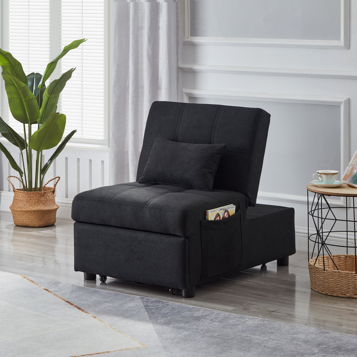 Living Room Bed Room Furniture with Black Linen Fabric Recliner Chair Bed