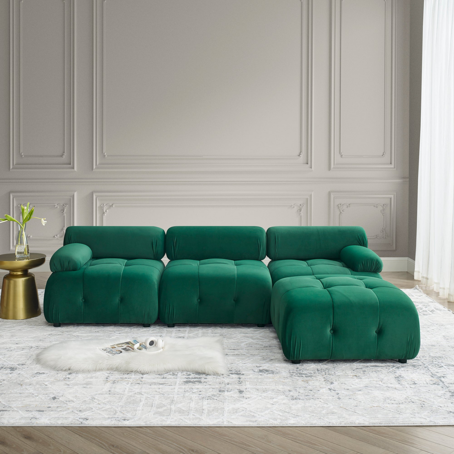 L-Shape Modular Sectional Sofa, Button Tufted w/Reversible Ottoman