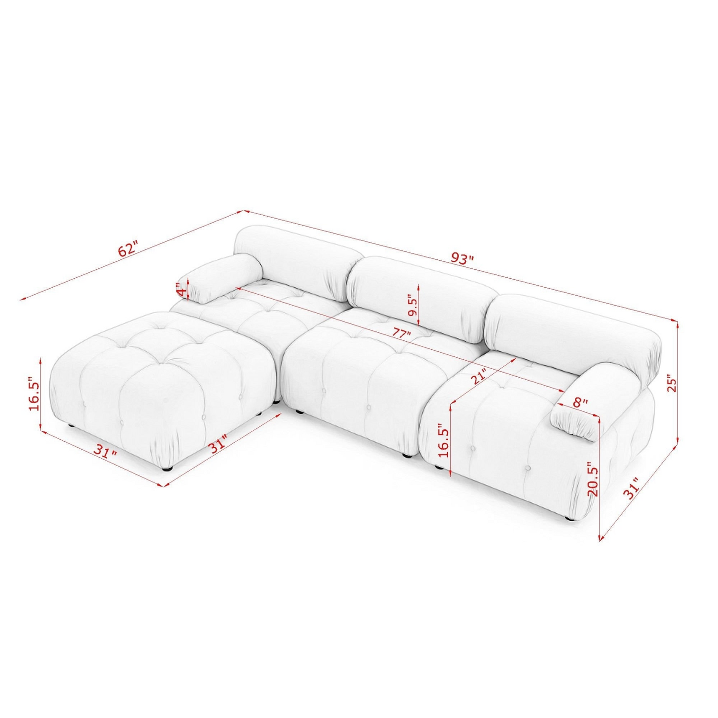 L-Shape Modular Sectional Sofa, Button Tufted w/Reversible Ottoman