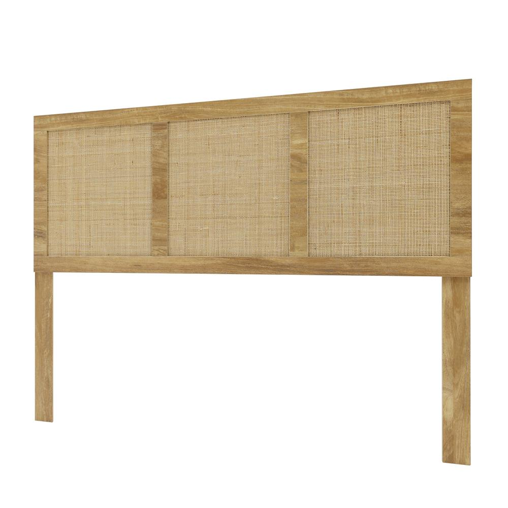 Oak Finish Manufactured Wood with Natural Rattan Panels Headboard, Queen