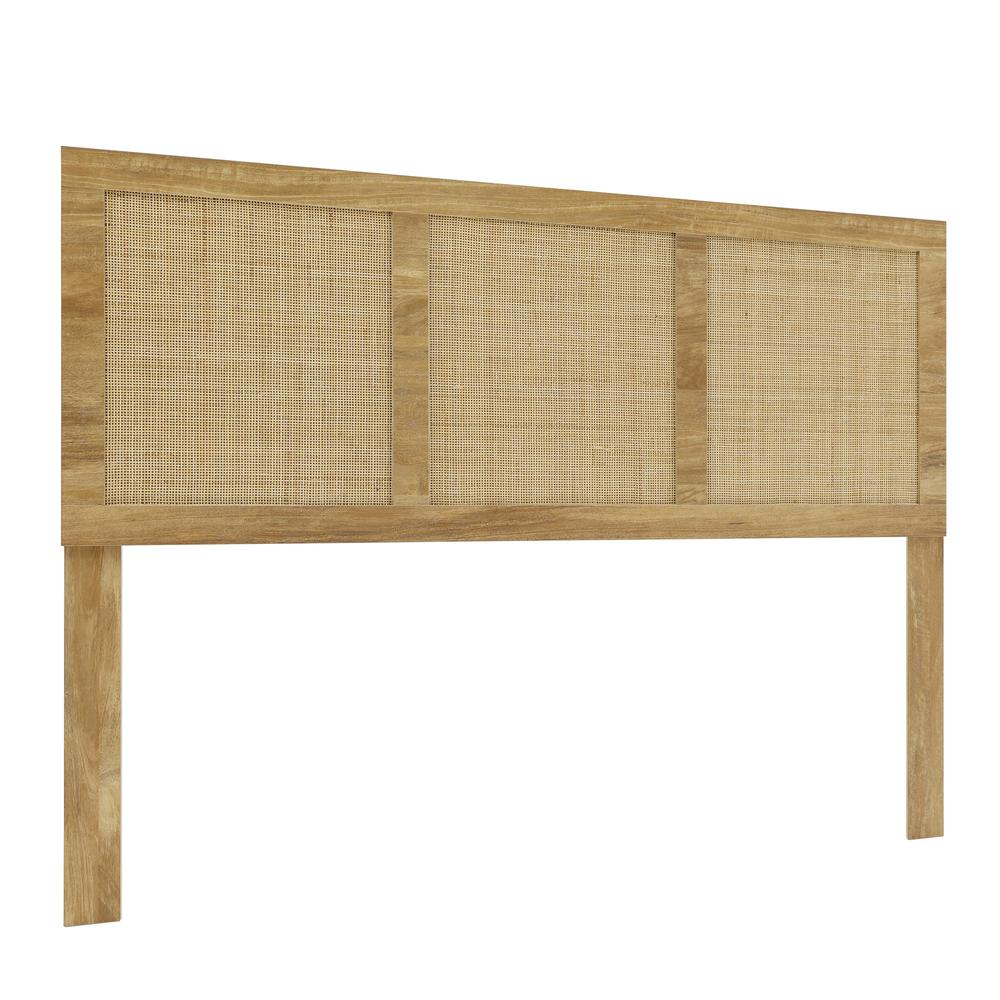 Oak Finish Manufactured Wood with Natural Rattan Panels Headboard, Queen