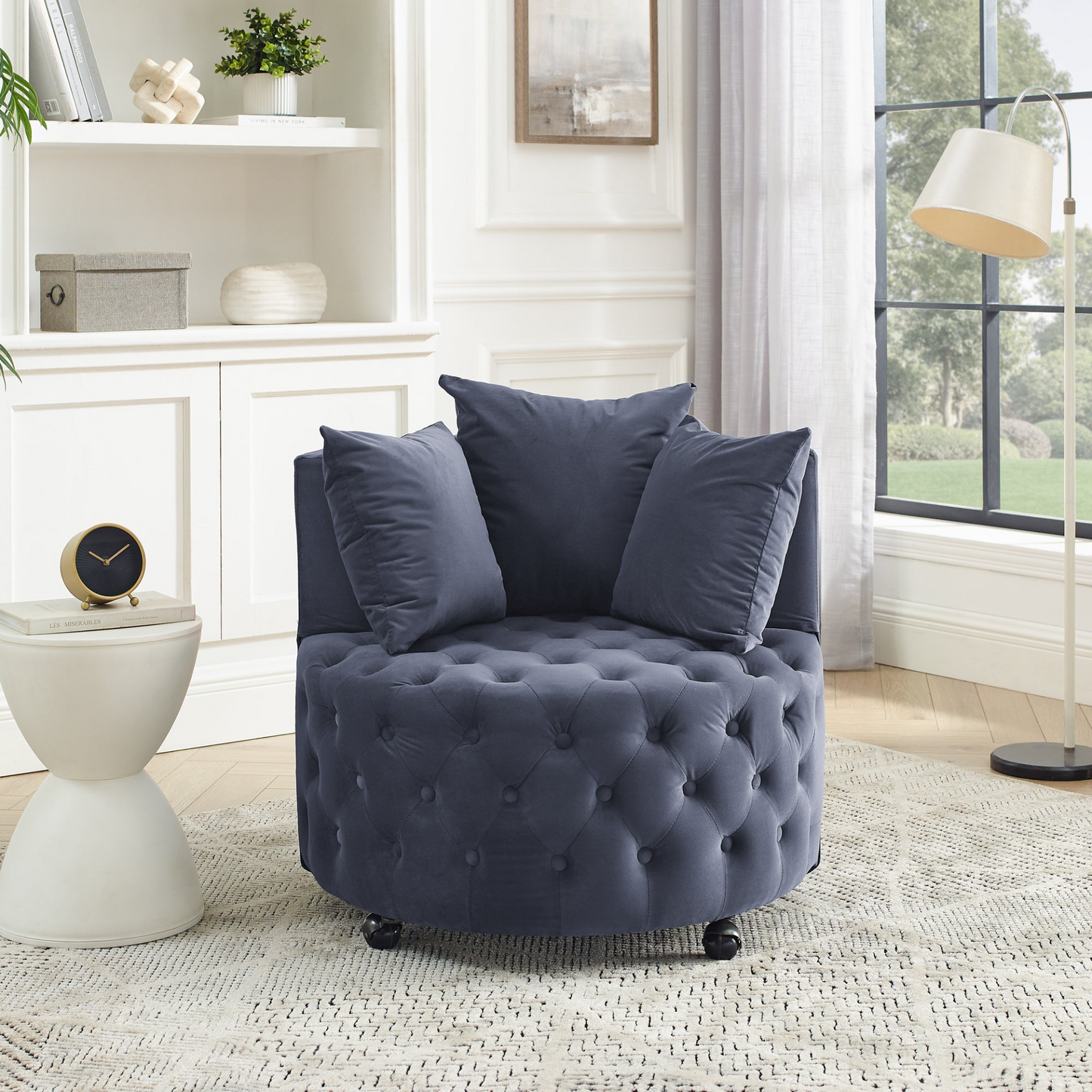 Velvet Upholstered Swivel Chair Including 3 Pillows, Grey