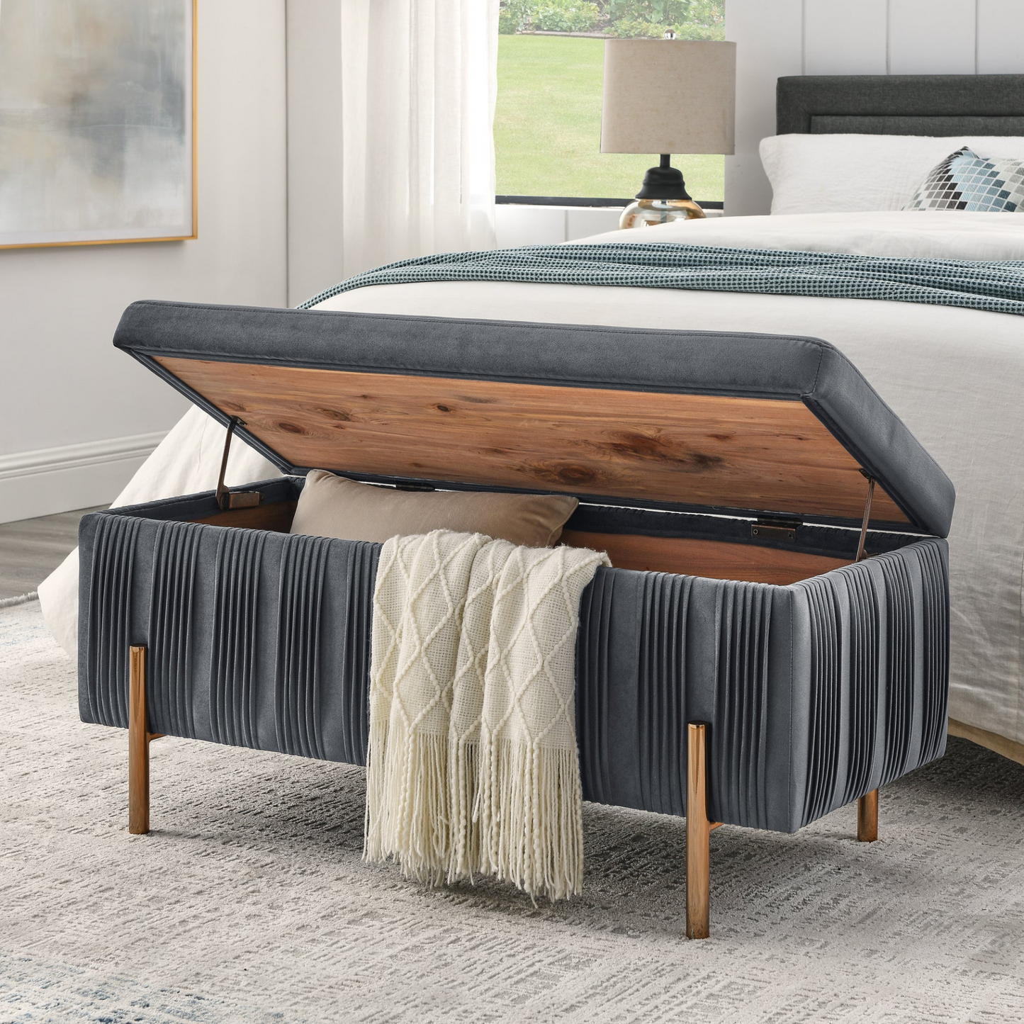 Elegant Upholstered Velvet Ottoman/Storage Bench w/Cedar Wood Veneer