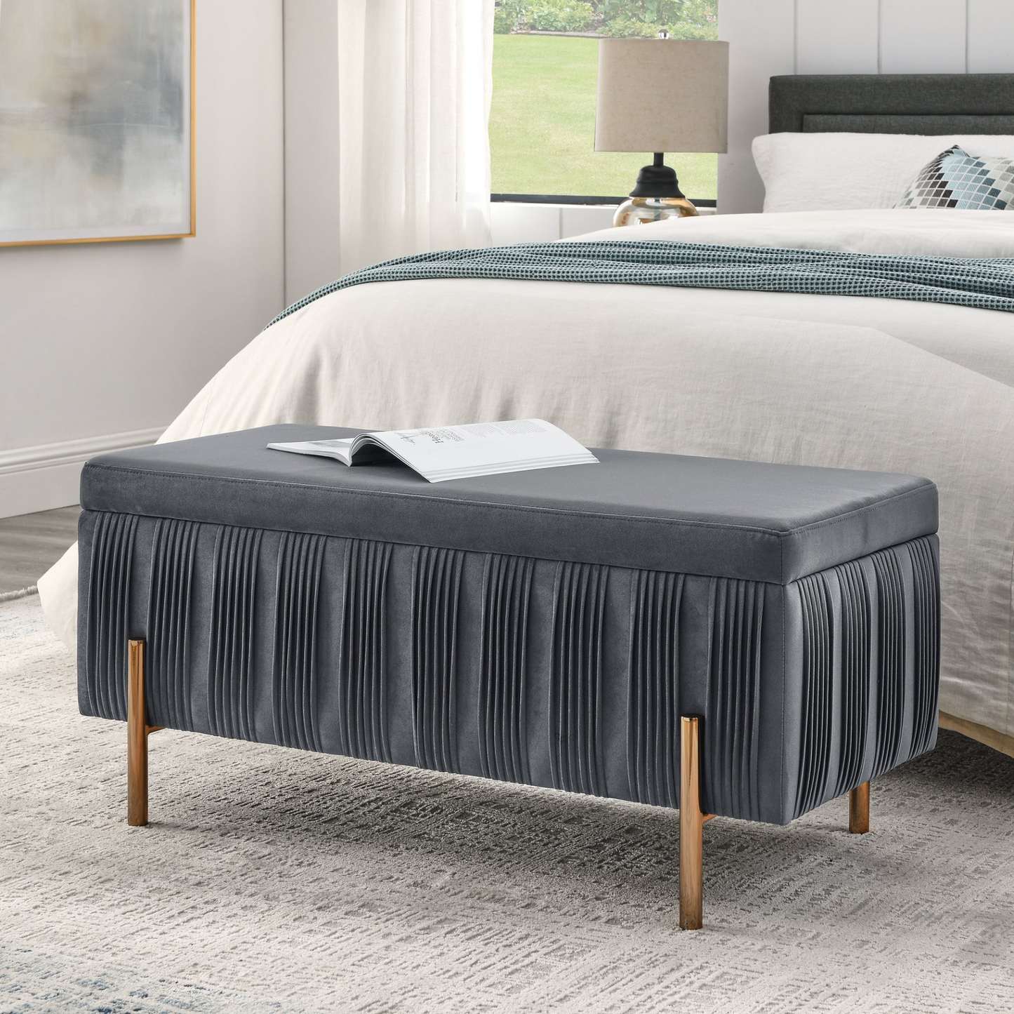 Elegant Upholstered Velvet Ottoman/Storage Bench w/Cedar Wood Veneer