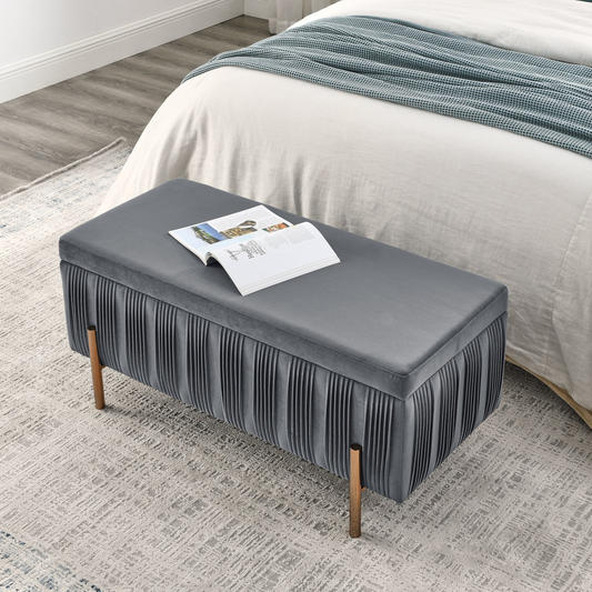 Elegant Upholstered Velvet Ottoman/Storage Bench w/Cedar Wood Veneer