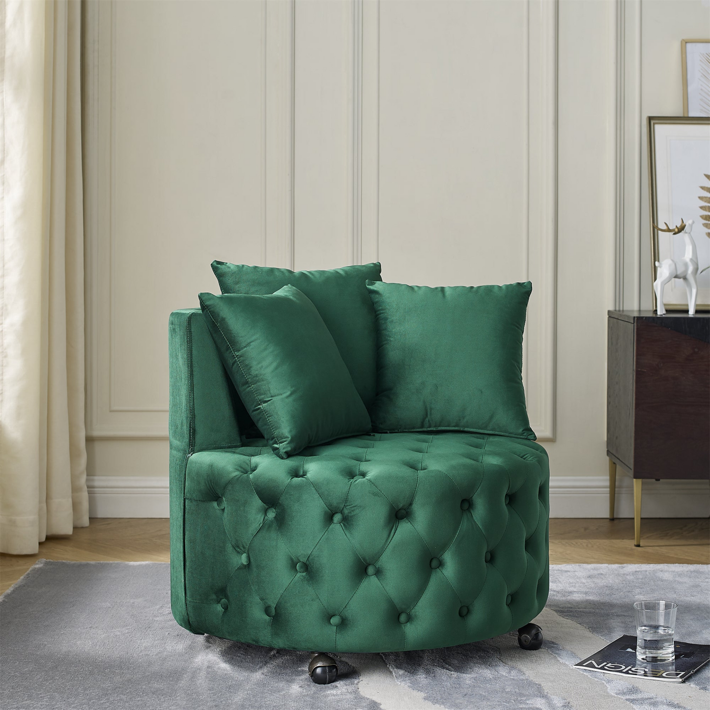 Velvet Upholstered Swivel Chair w/Button Tufted Design and Movable Wheels, Including 3 Pillows, Green