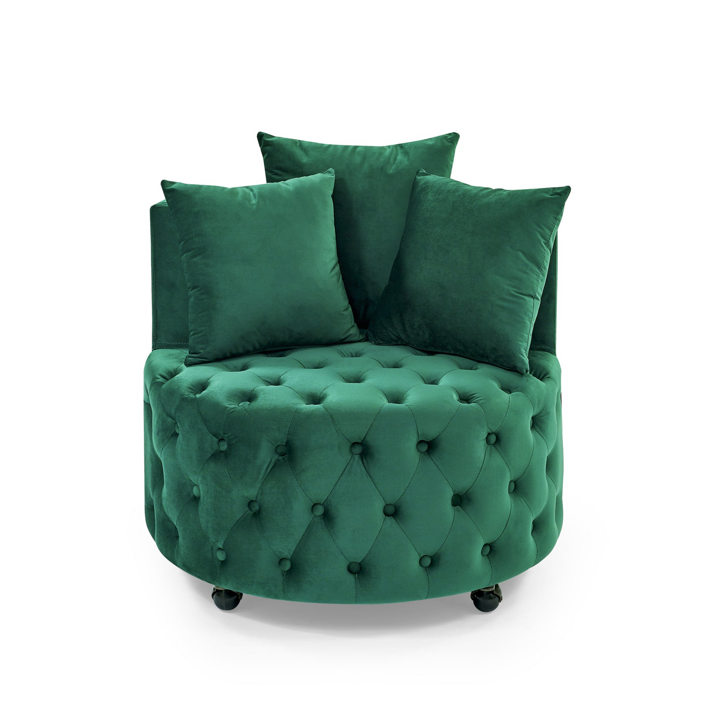 Velvet Upholstered Swivel Chair w/Button Tufted Design and Movable Wheels, Including 3 Pillows, Green