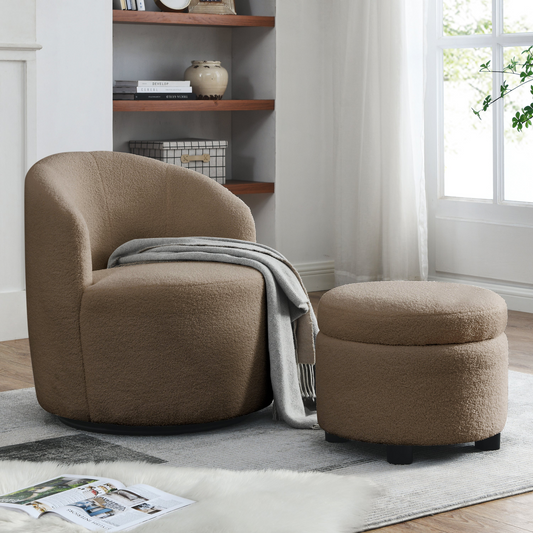 Swivel barrel chair, living room swivel chair with round storage chair, 360 ° swivel club chair, nursery, bedroom, office, hotel with upholstered modern armchair, teddy fabric