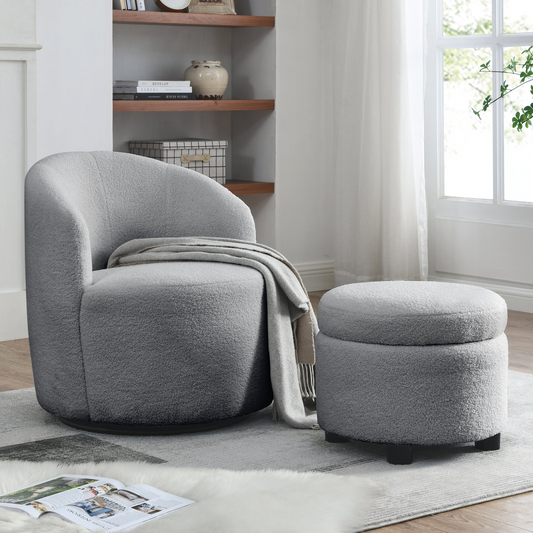 Swivel barrel chair, living room swivel chair with round storage chair, 360 ° swivel club chair, nursery, bedroom, office, hotel with upholstered modern armchair, teddy fabric