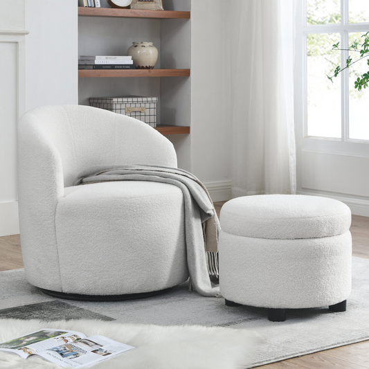 Swivel barrel chair, living room swivel chair with round storage chair, 360 ° swivel club chair, nursery, bedroom, office, hotel with upholstered modern armchair, teddy fabric