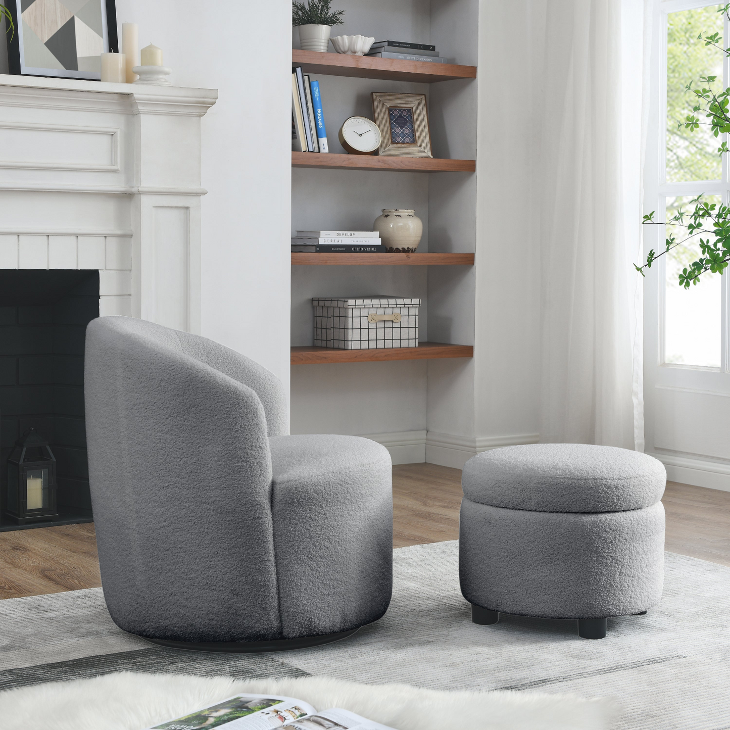 Swivel barrel chair, living room swivel chair with round storage chair, 360 ° swivel club chair, nursery, bedroom, office, hotel with upholstered modern armchair, teddy fabric