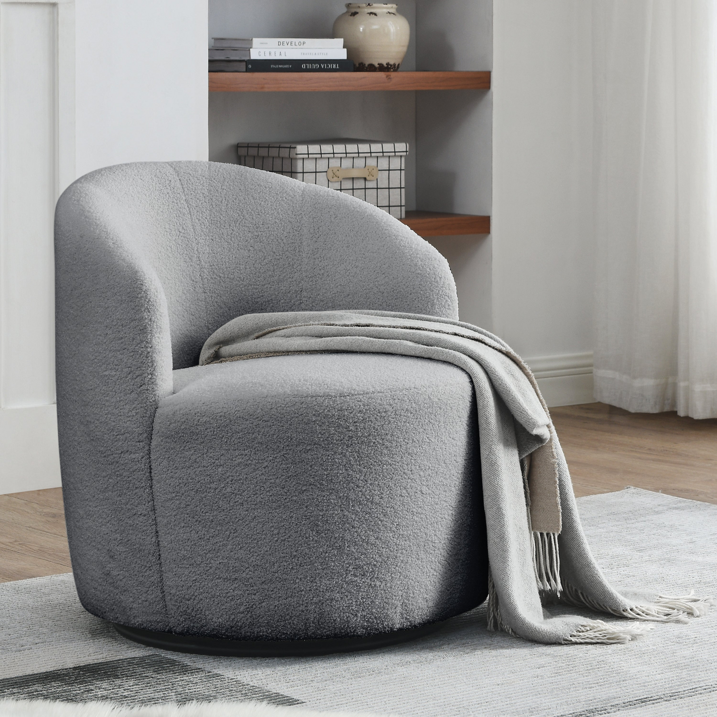 Swivel barrel chair, living room swivel chair with round storage chair, 360 ° swivel club chair, nursery, bedroom, office, hotel with upholstered modern armchair, teddy fabric