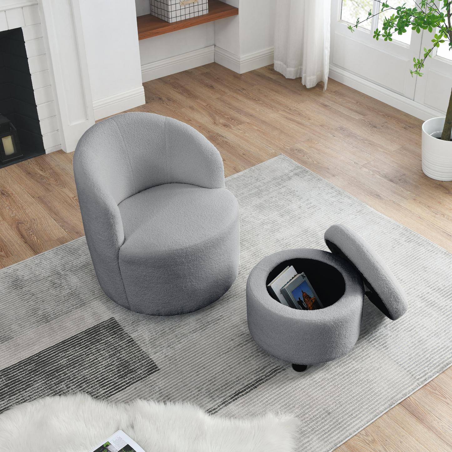 Swivel barrel chair, living room swivel chair with round storage chair, 360 ° swivel club chair, nursery, bedroom, office, hotel with upholstered modern armchair, teddy fabric