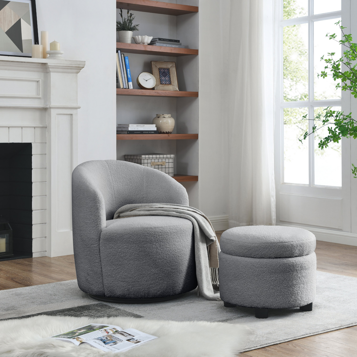 Swivel barrel chair, living room swivel chair with round storage chair, 360 ° swivel club chair, nursery, bedroom, office, hotel with upholstered modern armchair, teddy fabric