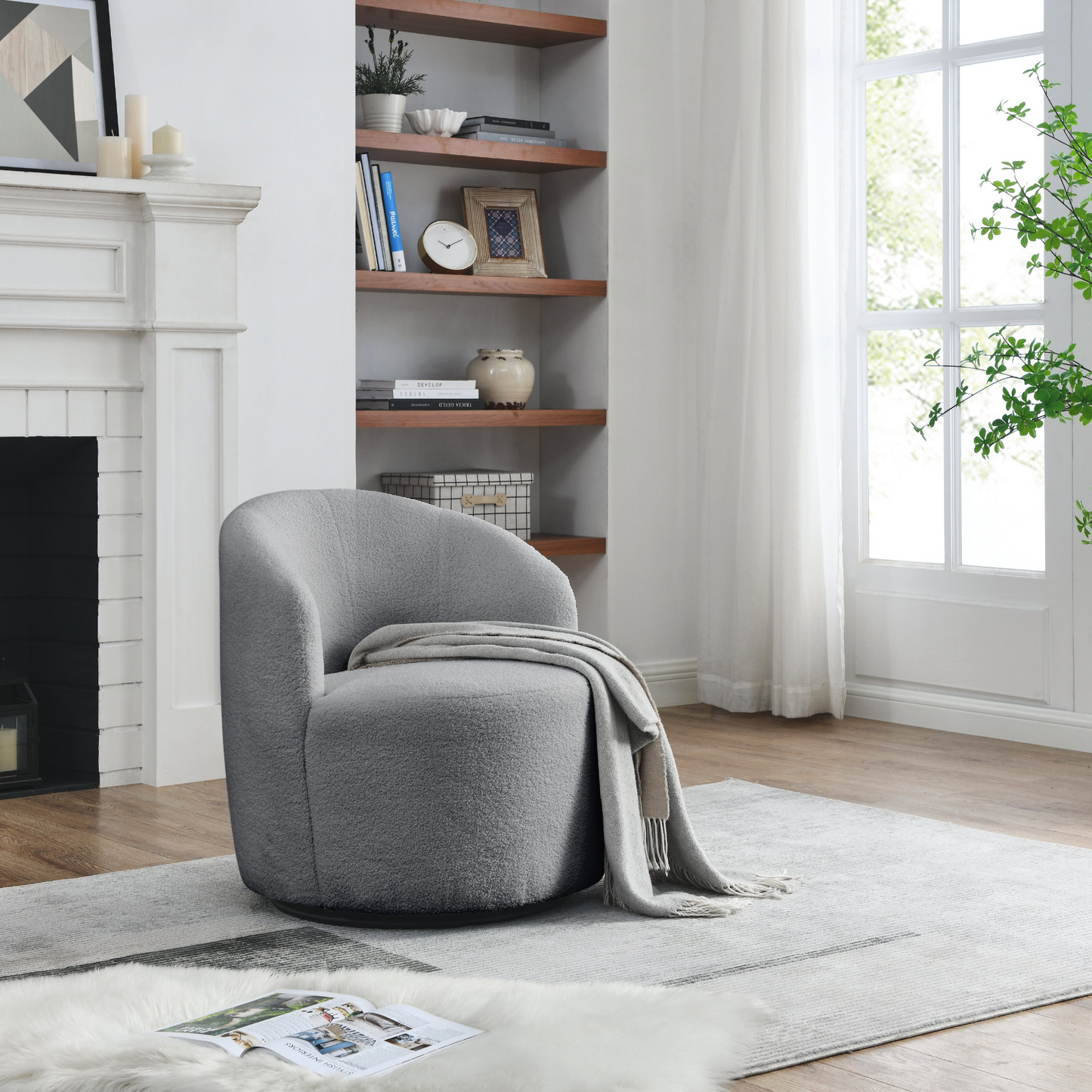 Swivel barrel chair, living room swivel chair with round storage chair, 360 ° swivel club chair, nursery, bedroom, office, hotel with upholstered modern armchair, teddy fabric